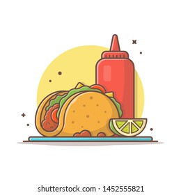 Taco Mexican Food with Lemon and Ketchup Vector Illustration. Traditional Tacos Illustration. Fast Food. Flat Cartoon Style Suitable for Web Landing Page,  Banner, Flyer, Sticker, Card, Background