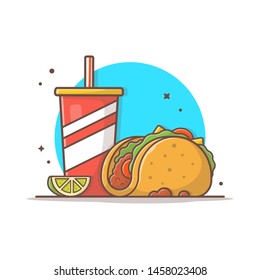 Taco Mexican Food with Lemon and Soda Vector Illustration. Traditional Tacos Illustration. Fast Food. Flat Cartoon Style Suitable for Web Landing Page,  Banner, Flyer, Sticker, Card, Background