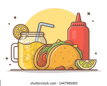 Taco Mexican Food with Lemonade and Ketchup Vector Illustration. Traditional Tacos Illustration. Fast Food. Flat Cartoon Style Suitable for Web Landing Page,  Banner, Flyer, Sticker, Card, Background