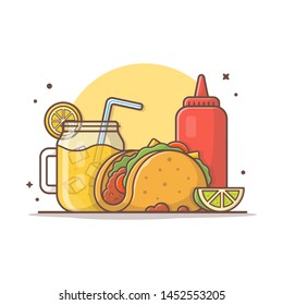 Taco Mexican Food with Lemonade and Ketchup Vector Illustration. Traditional Tacos Illustration. Fast Food. Flat Cartoon Style Suitable for Web Landing Page,  Banner, Flyer, Sticker, Card, Background