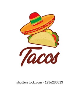 Taco mexican food logo and food label or sticker. Concept of mexican food, traditional product design for shops, markets.Vector illustration.