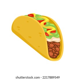 Taco Mexican Food Made From Wheat Tortilla With Beef And Vegetable Topping Cartoon Illustration Vector