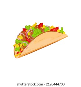 Taco. Mexican food. Meat, vegetables, tomatoes, sauce. Vector drawing on a white background.