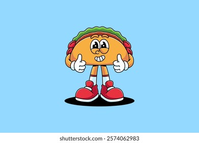 taco mexican food retro cartoon character mascot illustration with standing pose and showing thumbs up hands for restaurant, food court, cafe mascots and merchandise