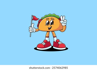 taco mexican food retro cartoon character mascot illustration with standing pose, holding flag and showing peace hand for restaurant, food court, cafe mascots and merchandise