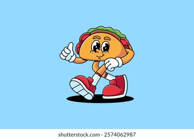 taco mexican food retro cartoon character mascot illustration with walking pose and showing thumbs up hand for restaurant, food court, cafe mascots and merchandise