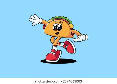 taco mexican food retro cartoon character mascot illustration with dancing pose and showing hands like floating for restaurant, food court, cafe mascots and merchandise