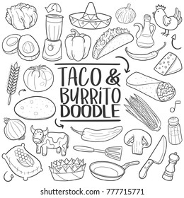 Taco Mexican Food Traditional Doodle Icons Sketch Hand Made Design Vector.