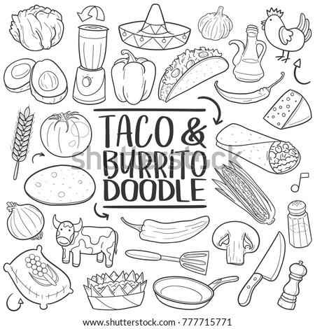 Taco Mexican Food Traditional Doodle Icons Sketch Hand Made Design Vector.