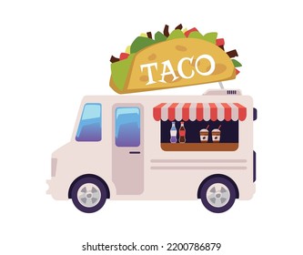 Taco Mexican Food Truck Or Van For Street Food Festivals And Fairs, Flat Cartoon Vector Illustration Isolated On White Background. Street Food Truck For Mexican Cuisine.