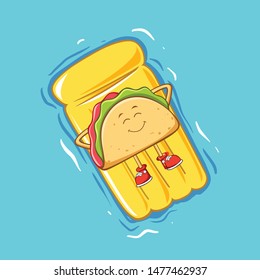 Taco Mexican Relaxing With a Pool Float  in Hot Summer Cartoon Character Style. Vector Illustration. 