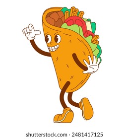 Taco mexicano de la comida callejera de dibujos animados de carácter cómico groovy, diseño de garabatos, logotipo de estilo cómico. Decoración para tarjetas de felicitación, carteles, estampados y pegatinas.