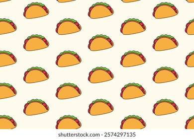 taco mexican tasty food colorful pattern on cream background. doodle taco with tomato, lettuce, meat object symbol seamless pattern background. funny taco food seamless pattern for decor, merchandise