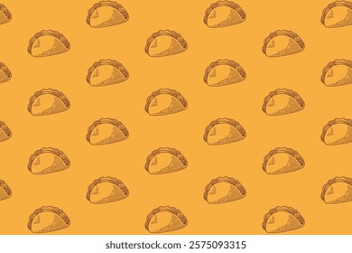 taco mexican tasty food doodle seamless pattern on yellow background. taco with tomato, lettuce, meat engraving pattern background. retro taco food background for restaurant decor and merchandise