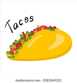 Taco Mexican traditional food color vector illustration with handdrawn text. Fast food meal. Сorn tortilla with meat and vegetables. Cute cartoon style, isolated on white background