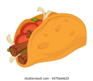 Taco mexican traditional food with tomato and meat slices vector isolated dish with spices meal made in mexico recipe, for spicy lovers dinner or breakfast fastfood streetfood nacho grilled beef