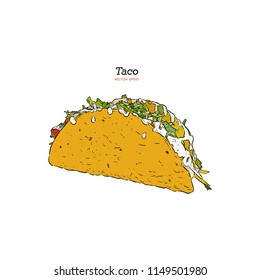 Taco. Mexican traditional food vector hand drawn illustration, menu label, banner poster identity, branding. Stylish design with sketch illustration of Mexican cuisine sketch. Tacos Isolated on white.