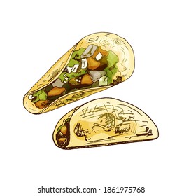 Taco - mexican traditional food. Vector vintage hatching