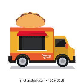 Taco Mexican Truck Fast Food Delivery Transportation Creative Icon. Colorful Illustration. Vector Graphic