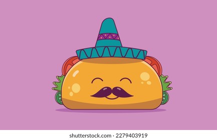 Taco mustache mascot, Taco cartoon, Cute taco, Taco cartoon Vector illustration