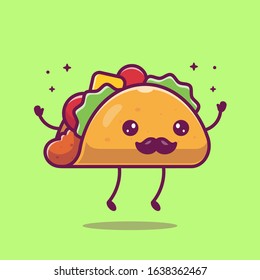 Taco Mustache Mascot Cartoon Vector Icon Illustration. Cute Taco Character. Food Icon Concept White Isolated. Flat Cartoon Style Suitable for Web Landing Page, Banner, Flyer, Sticker, Card