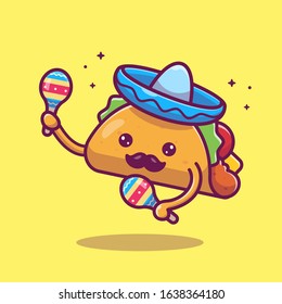 Taco Mustache Mascot Cartoon Vector Icon Illustration. Cute Taco Character And Maraca. Food Icon Concept White Isolated. Flat Cartoon Style Suitable for Web Landing Page, Banner, Flyer, Sticker, Card