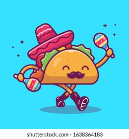 Taco Mustache Mascot Cartoon Vector Icon Illustration. Cute Taco Character And Maraca. Food Icon Concept White Isolated. Flat Cartoon Style Suitable for Web Landing Page, Banner, Flyer, Sticker, Card