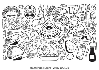 Taco y nacho doodles, comida mexicana