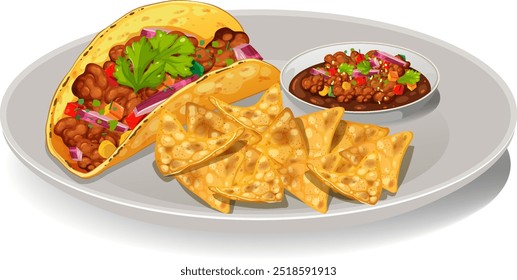 Taco com nachos e salsa na placa