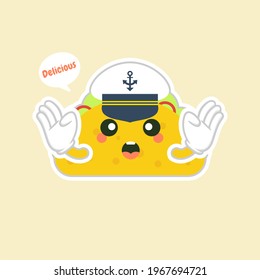 taco with navy hat character cute and kawaii delicious tacos with beef or chicken, meat sauce, green salad and red tomato. Taco for restaurant or cafe event design. mexican food