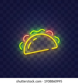 Taco Neonschild einzeln, helle Tafel. Taco Icon Neon, Emblem. Vektorgrafik