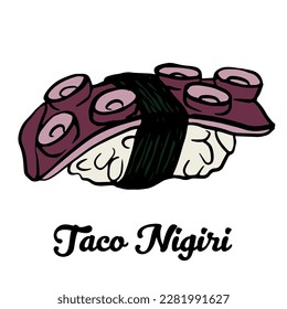 Taco nigiri sushi withoctopus and rice wrapped in nori seaweed. Japanese outline vector hand drawn sushi rolls illustration isolated on white for sushi menu, restaurant, site.