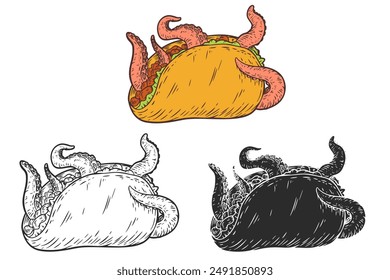 Taco with octopus tentacles. Hand drawn vector art in sketch style. Creative illustration for print, tattoo.