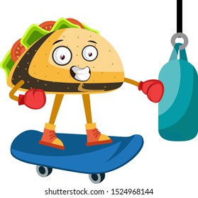 Taco on skateboard, illustration, vector on white background.