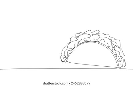 Taco one line continuous. Line art Mexican food banner. Hand drawn vector art.