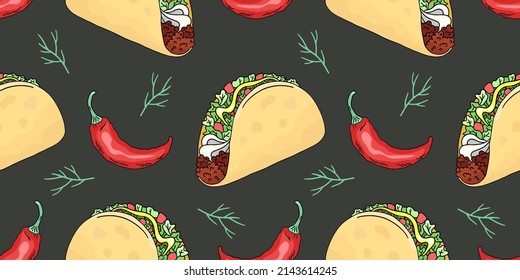 Taco and pepper, traditional mexican food, vector seamless pattern, hand-drawn