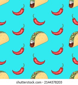 Taco and pepper, traditional mexican food, vector seamless pattern, hand-drawn