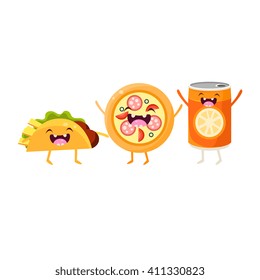 Taco, Pizza And Soda Cartoon Friends Colorful Funny Flat Vector Isolated Illustration On White Background