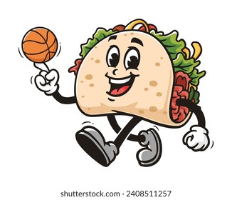 Taco jugando al baloncesto caricatura mascota personaje de ilustración vector clip dibujado a mano