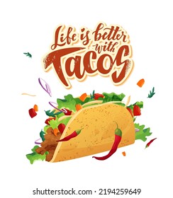 Taco zitiert handgeschriebenen Text mit Tacos mit Fleisch und Gemüse. mexikanisches Fastfood. Gut für T-Shirt-Design. Handgezeichnet. Vektorgrafik.