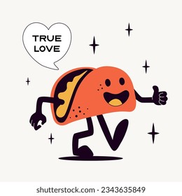 Taco Retro-Charakter mit Daumen-up Geste. Cartoon oder Comic, Vektorgrafik einzeln auf weißem Hintergrund. Modernes Vintage-Maskottchen.