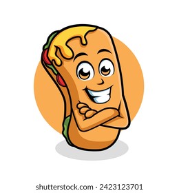 Taco Roll Cartoon Character Cross arm Happy Mascot Illustration, Vector Clipart