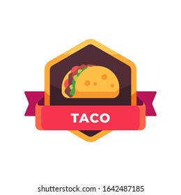 Taco with salad and tomatoes. Mexican fast food label