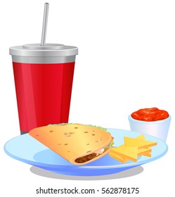 Taco sandwich with nacho chips, salsa and drink vector