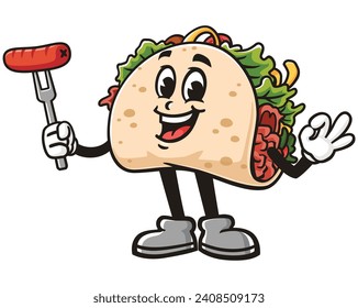 Taco with sausage cartoon mascot illustration character vector clip art hand drawn