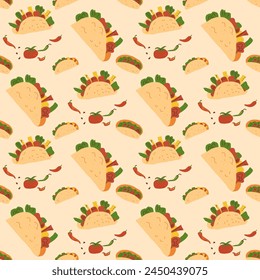 Taco seamless pattern. Mexican grilled beef with vegetable sandwich repeat cover. Vector flat illustration.