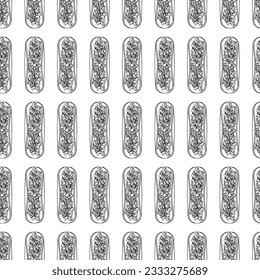 Taco seamless pattern, top view. Vector line tacos icon with tomatoes, avocado, meat, pepper, onion. Hand drawn fast food in black and white color