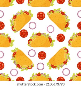 Taco seamless pattern. Traditional Mexican food background. Corn tortilla and bow ornament. Tomato and fresh meat.