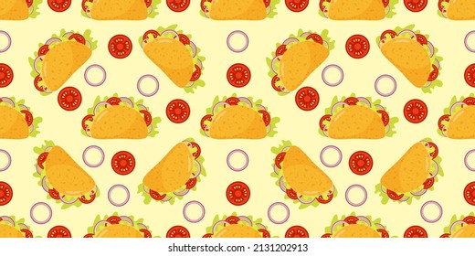 Taco seamless pattern. Traditional Mexican food background. Corn tortilla and bow ornament. Tomato and fresh meat.