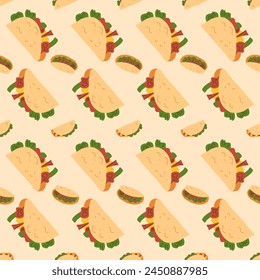 Taco seamless pattern. Traditional Mexican fast food endless background. Vector flat illustration.